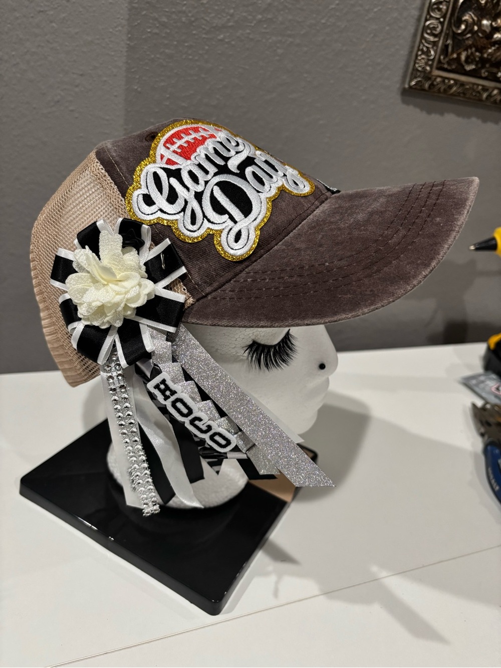 HAT BAR Game Day Brown & Beige womens Cap with Decorative MUM (is removable)